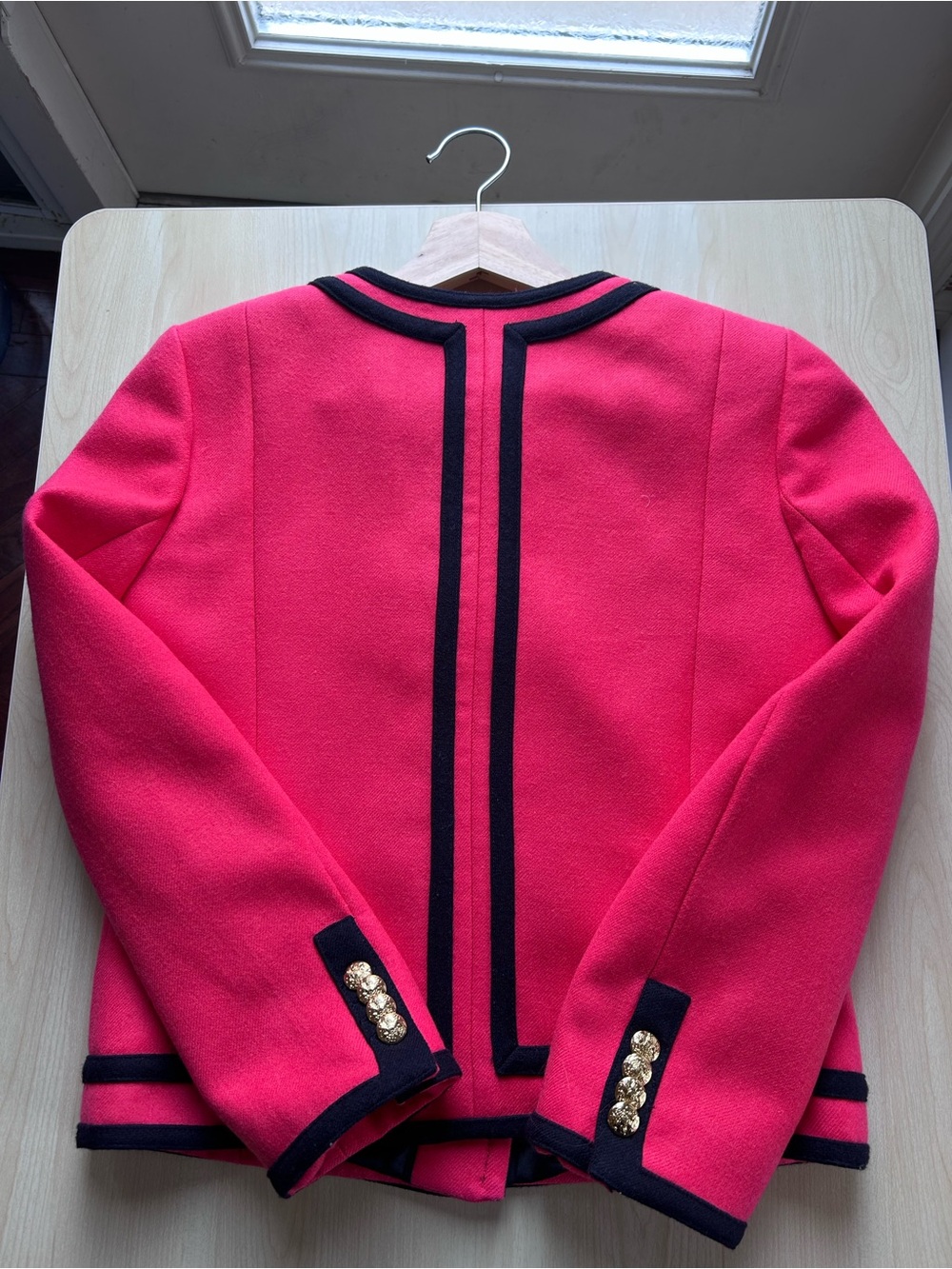 J.Crew Bright Berry Pink Wool Lady Jacket Navy Trim Gold Buttons - Picture 4 of 7